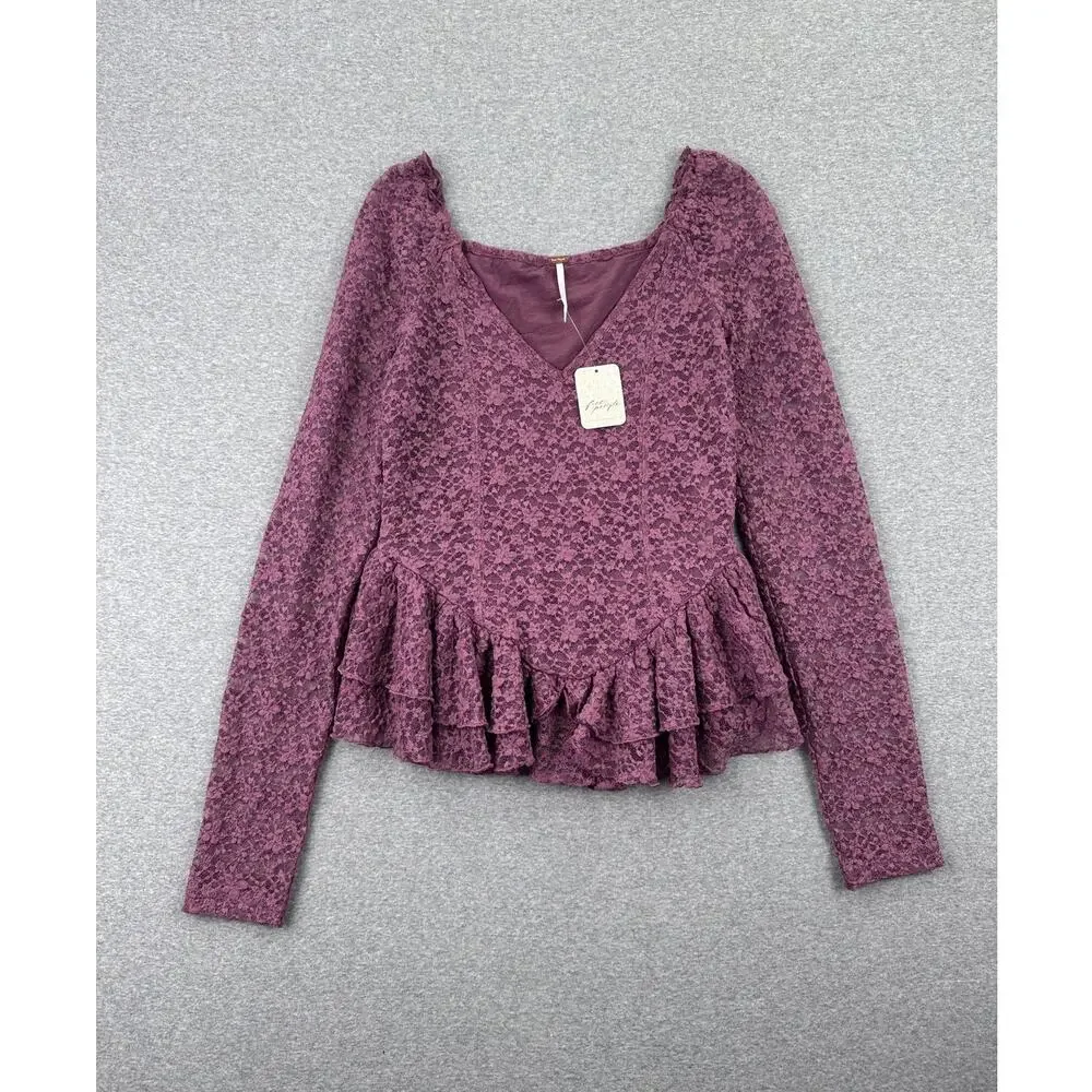 NWT Free People Stella Long Sleeve Top Womens S Tulipwood Purple Lace Ruffle